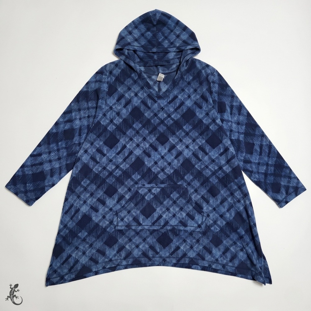 Catherines Womens 24W 26W Blue Plaid Fleece Hoodie Pullover Kangaroo Pocket